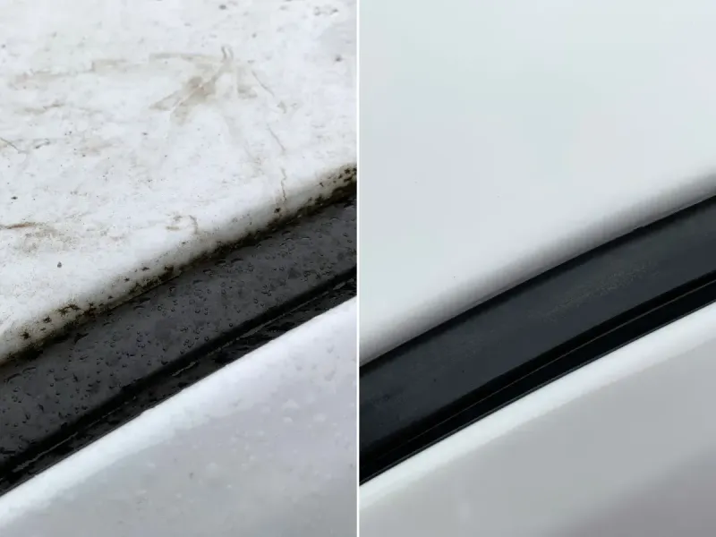 Roof trim on a white car before and after detailing in Kennesaw, built-up grime on the left, clean gloss on the right